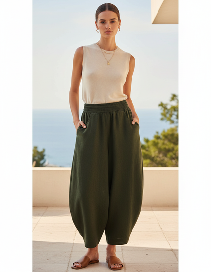 Pantalon En Lin Vert Ample Taille Élastique Confortable - Kaki