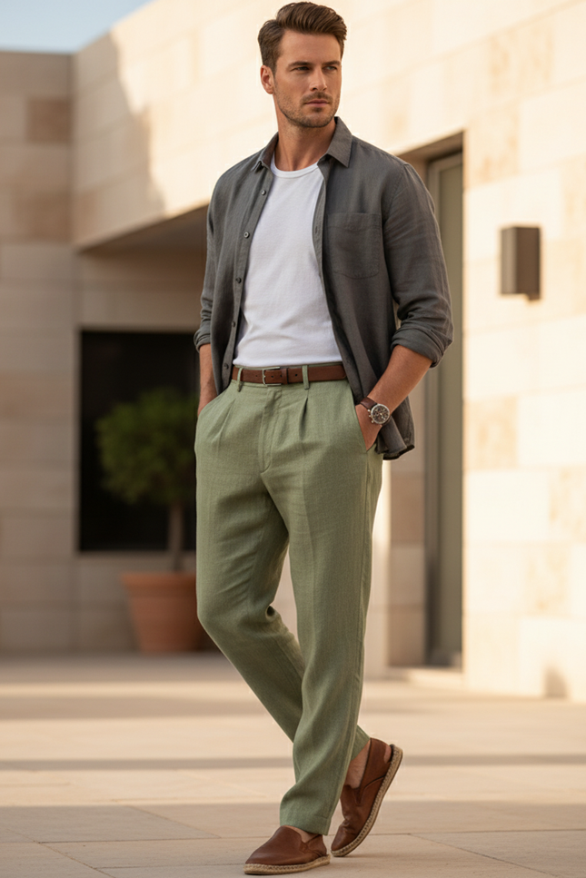 Pantalon Lin Vert Kaki Homme