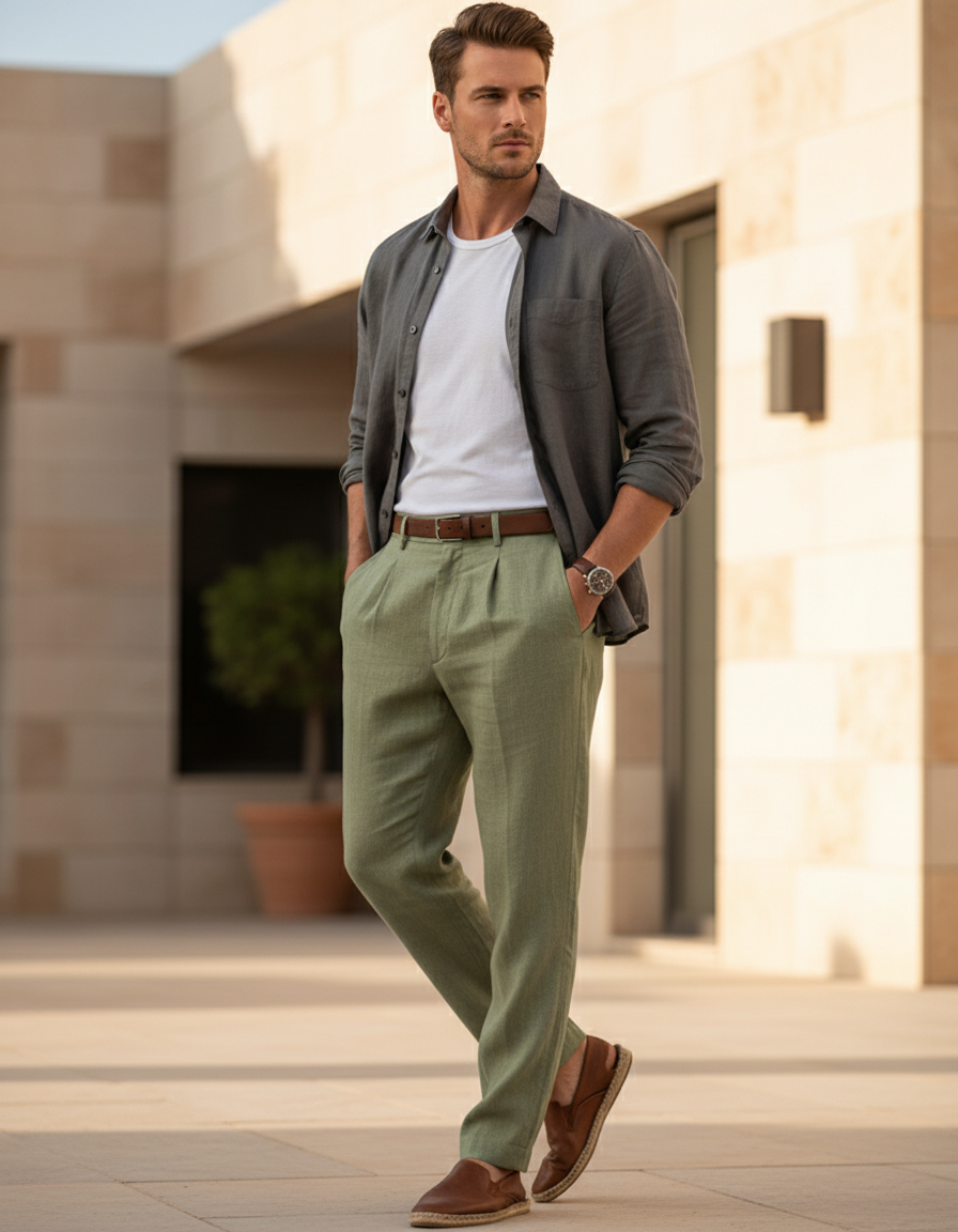 Pantalon Lin Vert Kaki Homme