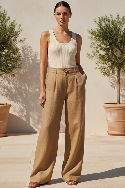 Pantalon En Lin Beige Ample Taille Haute Fluide