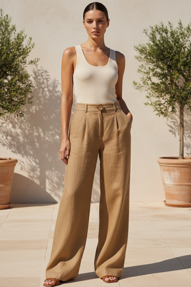 Pantalon En Lin Beige Ample Taille Haute Fluide