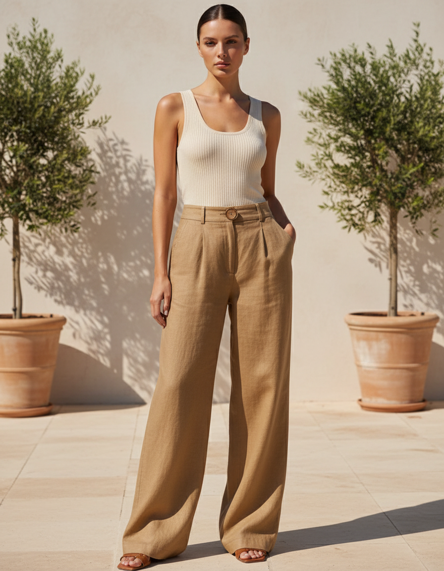 Pantalon En Lin Beige Ample Taille Haute Fluide