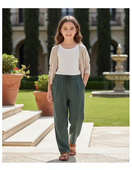 Pantalon En Lin Vert Ample Plissé Enfant Léger