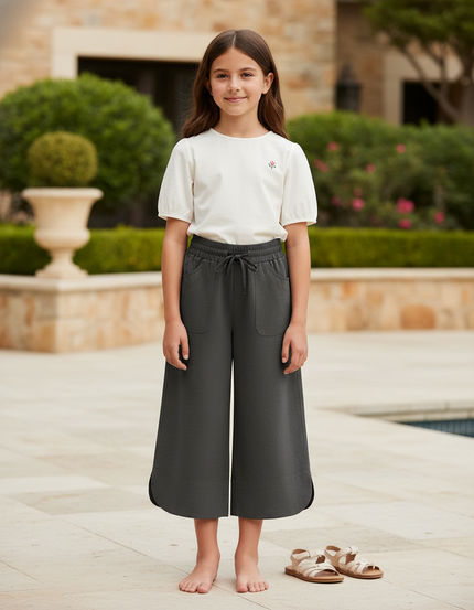 Pantalon En Lin Gris Ample Décontracté Fille Court