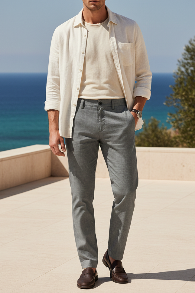 Pantalon En Lin Gris Droit Chic Élégant Homme