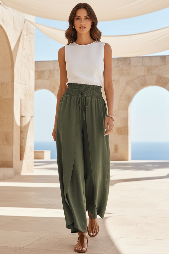Pantalon En Lin Vert Ample Fluide Taille Haute - Kaki