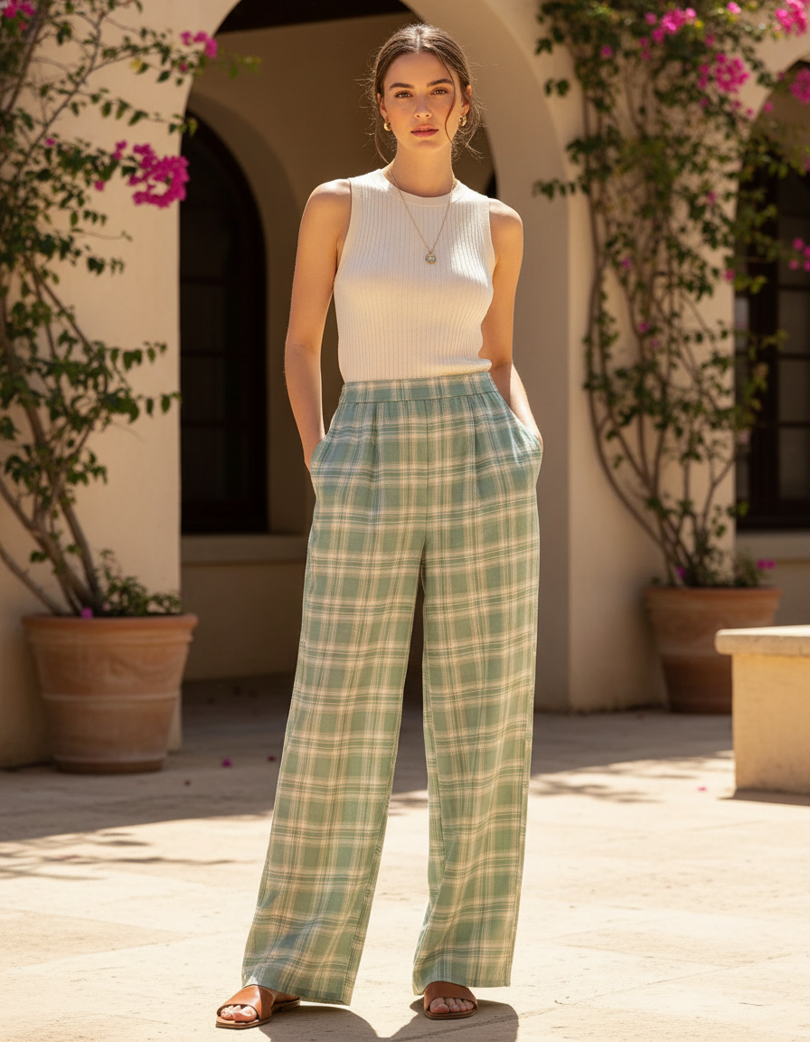 Pantalon En Lin Plaid Vert Ample Décontracté Femme
