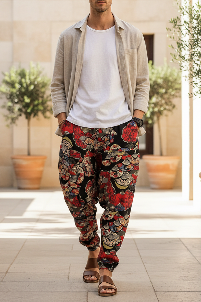 Pantalon En Lin Harem Imprimé Ethnique Ample Bohème Homme - Multicolore