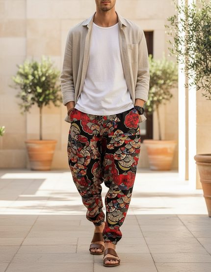 Pantalon En Lin Harem Imprimé Ethnique Ample Bohème Homme - Multicolore