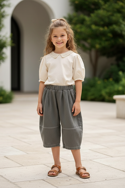 Pantalon En Lin Enfant Ample Gris Décontracté Fille - Molleton