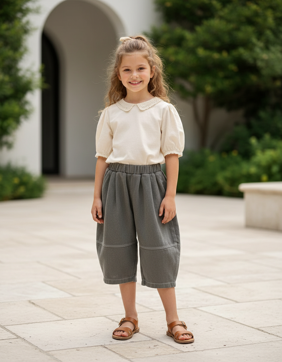Pantalon En Lin Enfant Ample Gris Décontracté Fille - Molleton