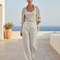 Pantalon En Lin Écru Ample Fluide Élégant Femme - Blanc