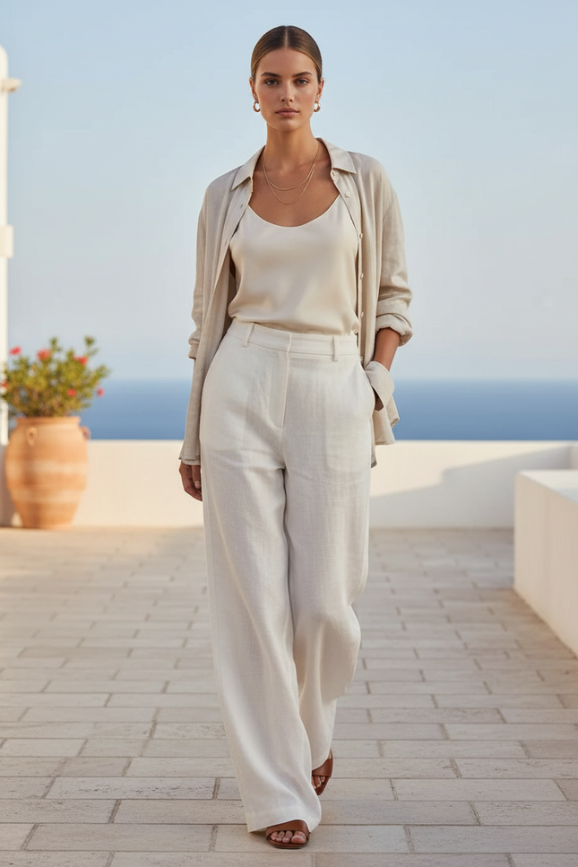 Pantalon En Lin Écru Ample Fluide Élégant Femme - Blanc