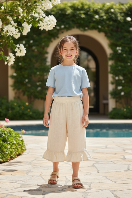 Pantalon En Lin Beige Ample Volants Fille Confortable