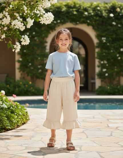 Pantalon En Lin Beige Ample Volants Fille Confortable