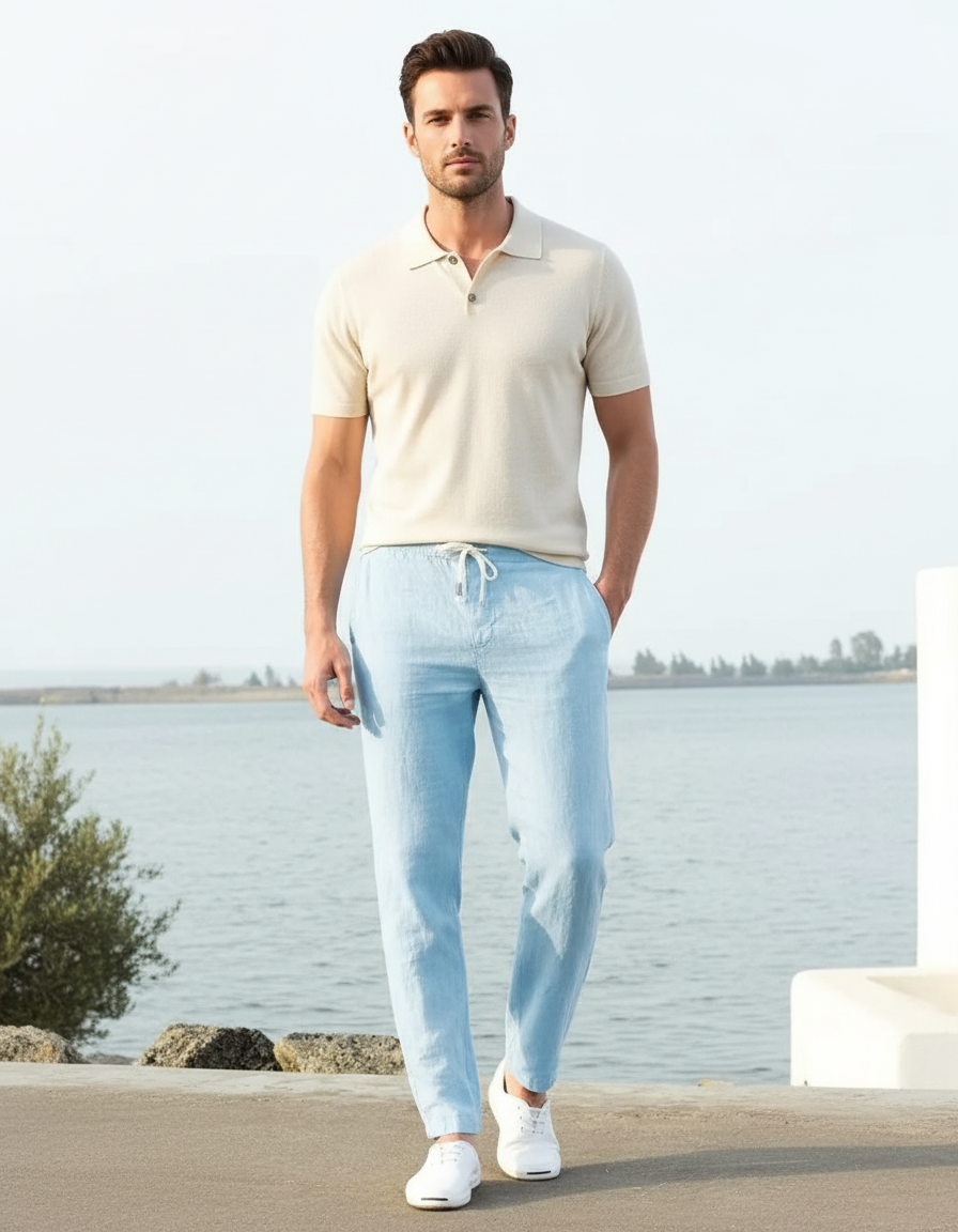Pantalon En Lin Bleu Ciel Homme Cordon Respirant Décontracté