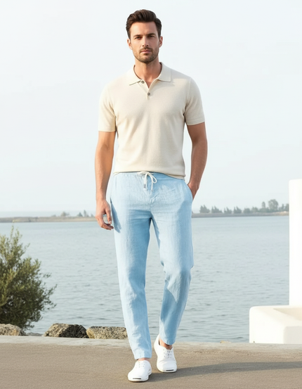 Pantalon En Lin Bleu Ciel Homme Cordon Respirant Décontracté