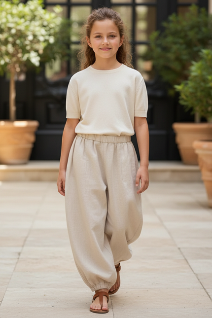 Pantalon En Lin Beige Ample Sarouel Fille