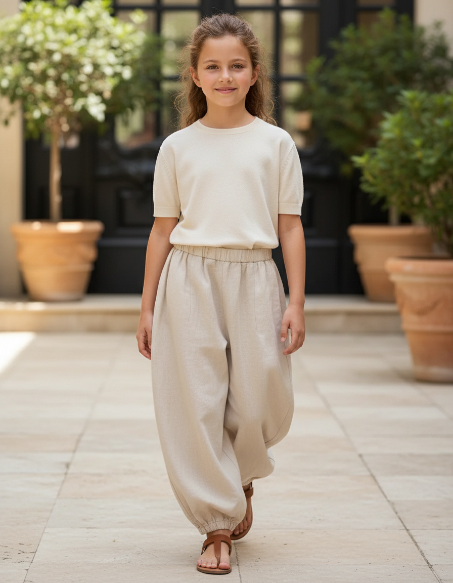 Pantalon En Lin Beige Ample Sarouel Fille