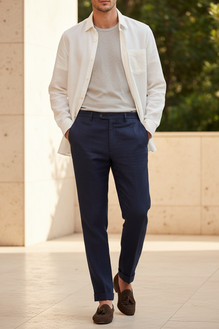 Pantalon En Lin Bleu Marine Décontracté Homme Moderne