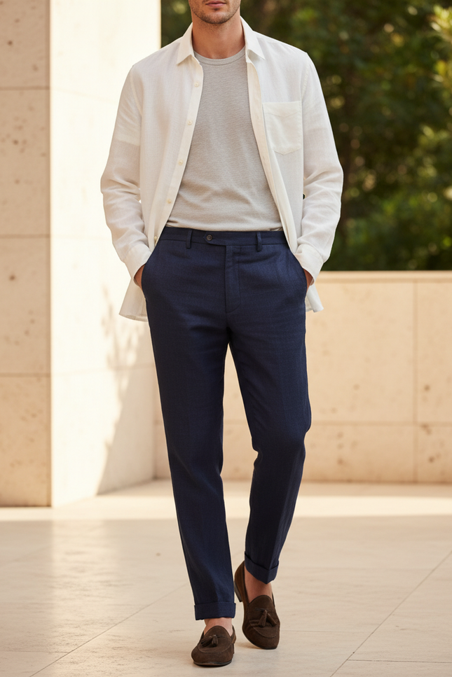 Pantalon En Lin Bleu Marine Décontracté Homme Moderne