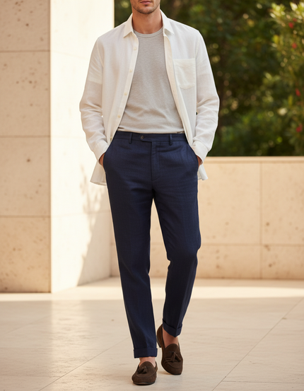 Pantalon En Lin Bleu Marine Décontracté Homme Moderne