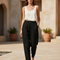 Pantalon En Lin Noir Ample Élastique Fluide Confortable