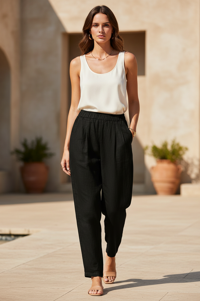 Pantalon En Lin Noir Ample Élastique Fluide Confortable