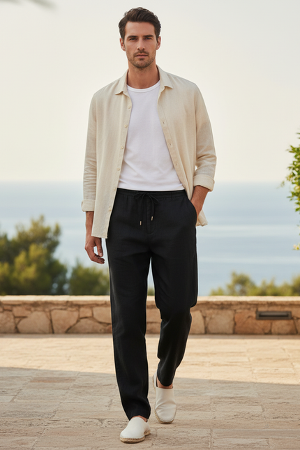 Pantalon En Lin Décontracté - Noir