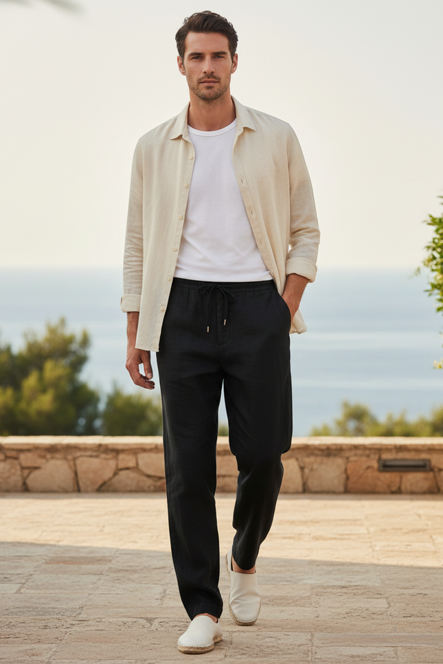 Pantalon En Lin Décontracté - Noir