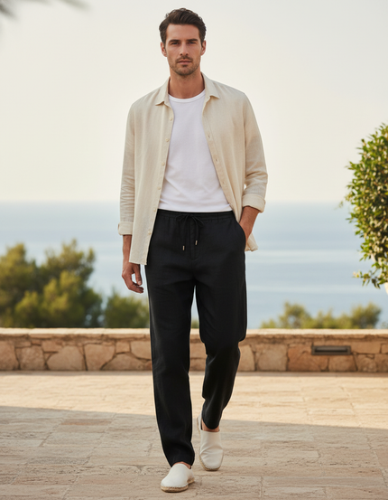 Pantalon En Lin Décontracté - Noir