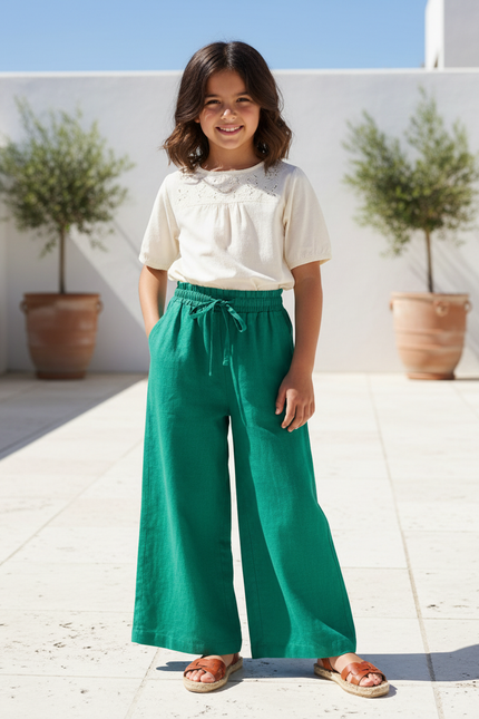Pantalon En Lin Vert Ample Cordon Fille