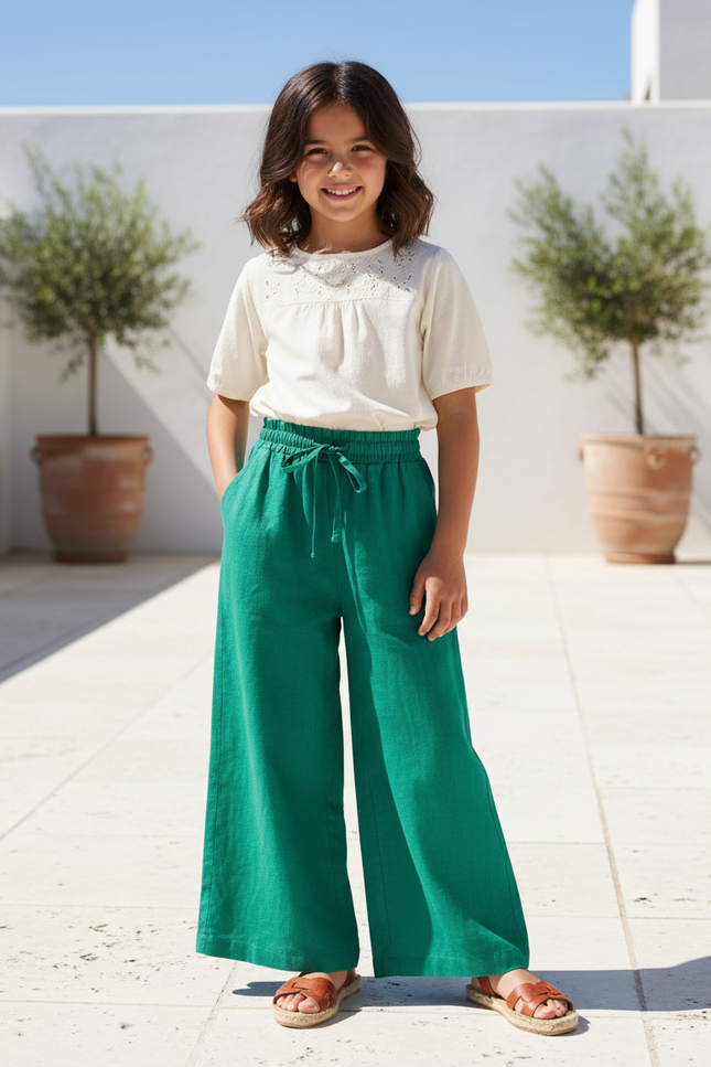 Pantalon En Lin Vert Ample Cordon Fille