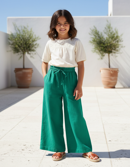 Pantalon En Lin Vert Ample Cordon Fille