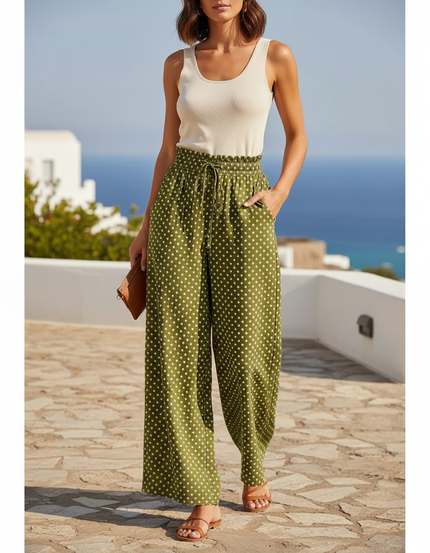 Pantalon En Lin Vert À Pois Ample Fluide Taille Haute - Kaki