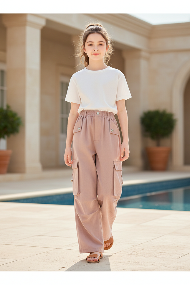 Pantalon En Lin Rose Cargo Ample Enfant Décontracté