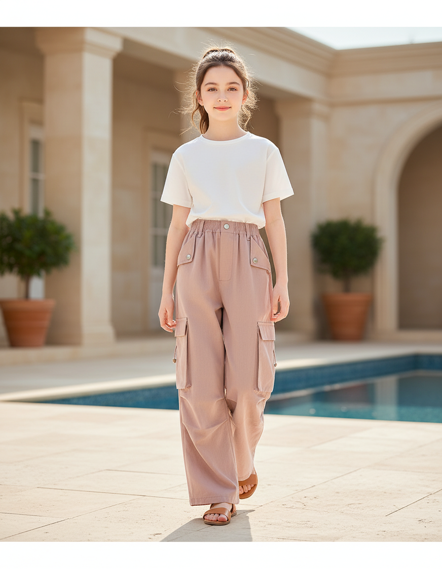 Pantalon En Lin Rose Cargo Ample Enfant Décontracté