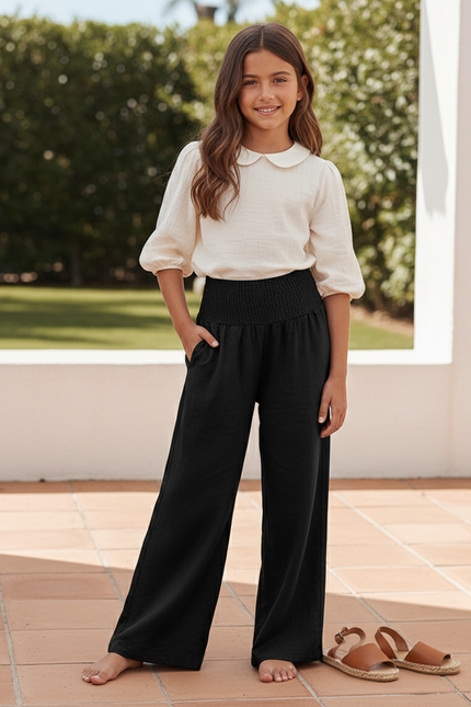 Pantalon En Lin Noir Ample Taille Haute Décontracté Femme