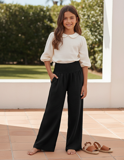 Pantalon En Lin Noir Ample Taille Haute Décontracté Femme