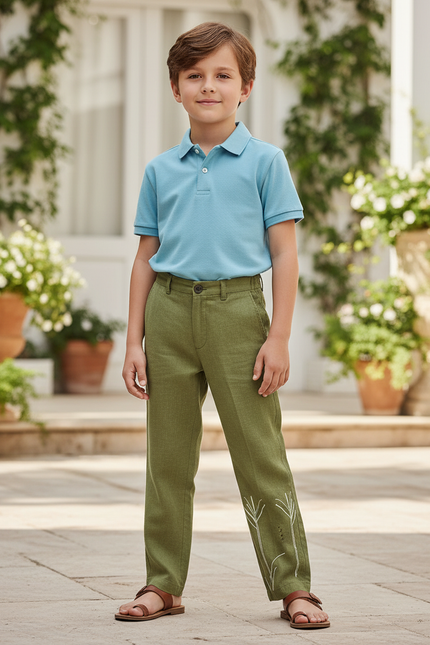 Pantalon En Lin Vert Brodé Droit Décontracté Garçon - Kaki