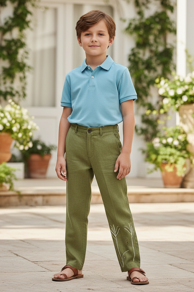 Pantalon En Lin Vert Brodé Droit Décontracté Garçon - Kaki