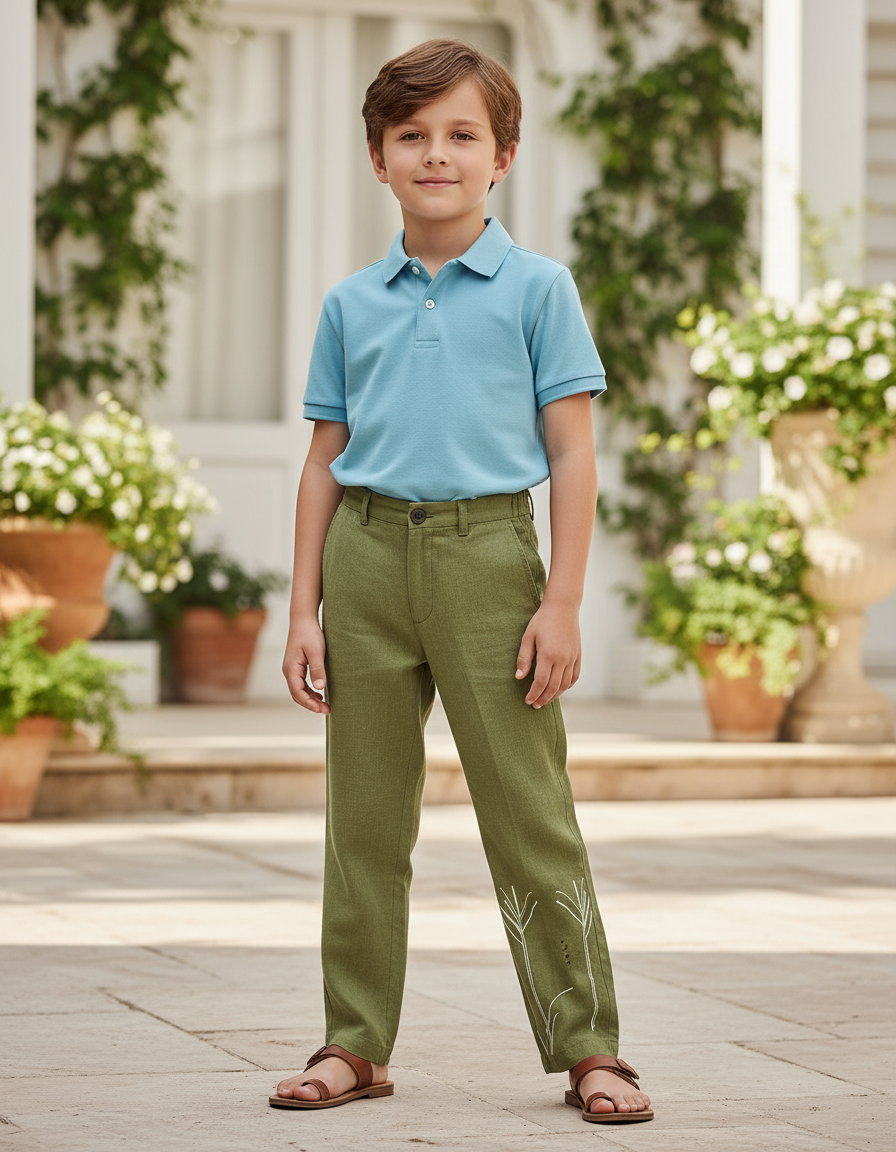 Pantalon En Lin Vert Brodé Droit Décontracté Garçon - Kaki