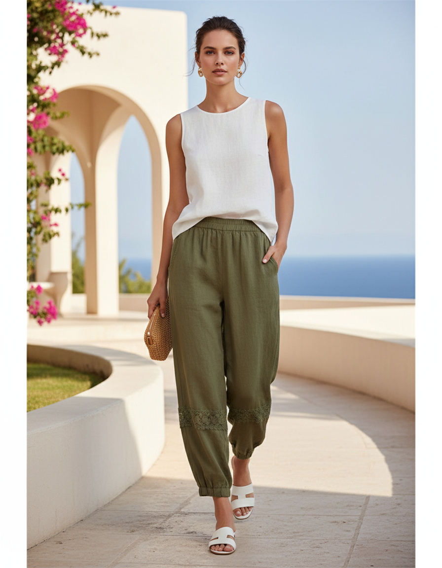 Pantalon En Lin Vert Kaki Ample Dentelle Décontracté