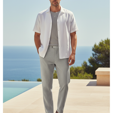 Pantalon En Lin Gris Droit Élégant Homme Micro-Motif