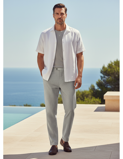 Pantalon En Lin Gris Droit Élégant Homme Micro-Motif