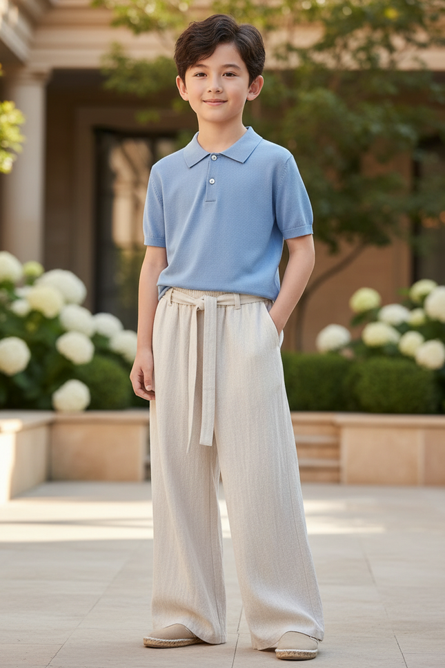 Pantalon En Lin Écru Ample Ceinturé Décontracté Enfant - Beige