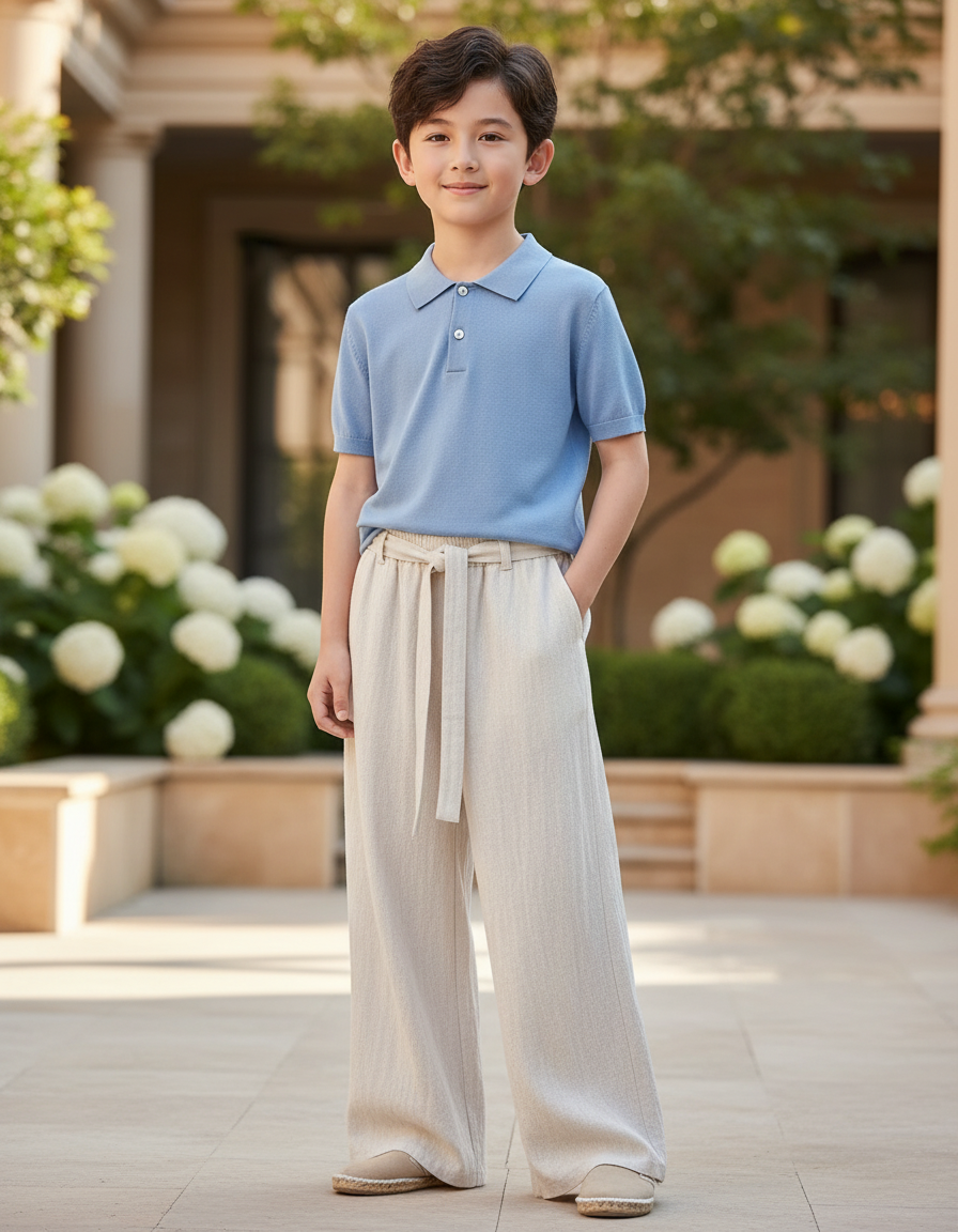 Pantalon En Lin Écru Ample Ceinturé Décontracté Enfant - Beige