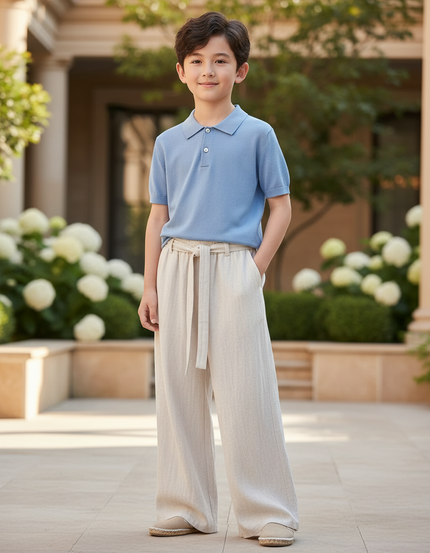 Pantalon En Lin Écru Ample Ceinturé Décontracté Enfant - Beige