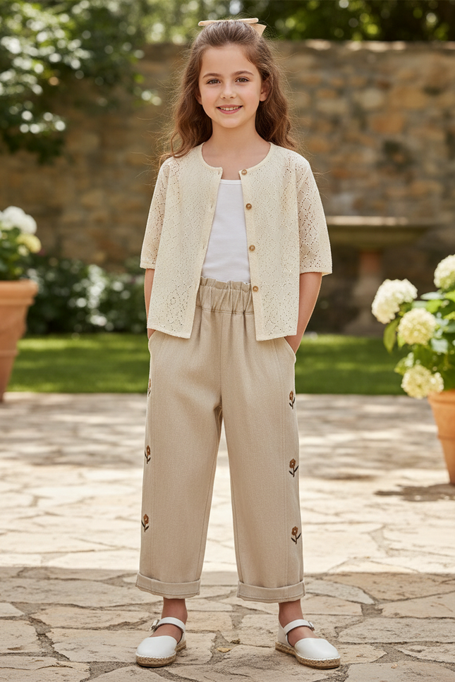 Pantalon En Lin Beige Brodé Fleurs Ample Fille