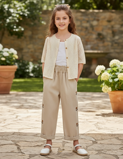 Pantalon En Lin Beige Brodé Fleurs Ample Fille